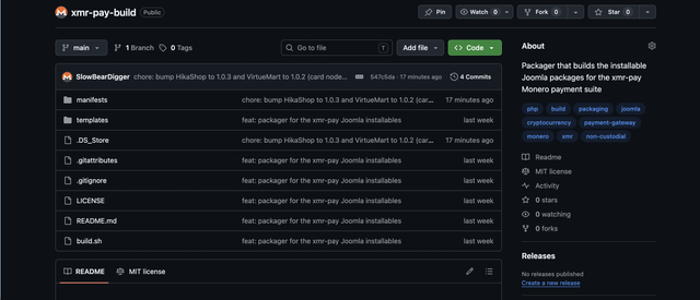 A GitHub repository page for 'xms-pay-build' showing recent commits from SlowBearDigger bumping HikaShop to 1.0.3 and VirtueMart to 1.0.2, with files like manifests, _Sample, DE_Store, and LICENSE.