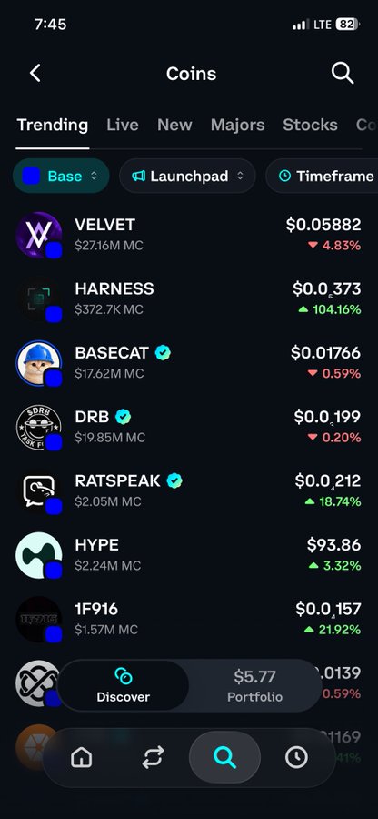 A mobile app screen titled 'Coins' showing trending Base network tokens including VELVET ($0.05882), HARNESS ($0.0373), BASECAT ($0.01766), DRB ($0.0199), RATSpeak ($0.0212), HYPE ($93.86), and 1F916 ($0.0157) with their market caps and percentage changes.