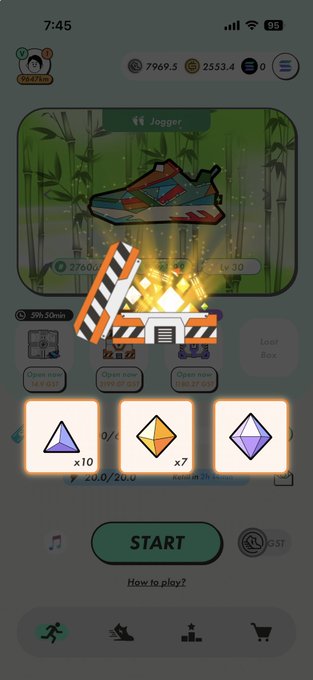 A mobile game screen displays an opened loot box with glowing gems, featuring a colorful sneaker labeled "Jogger" in the background, in-game currency counts (7969.5, 2553.4), and three reward options showing blue, yellow, and purple gems.