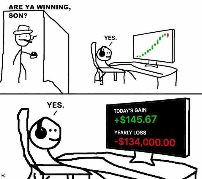 A stick figure trader tells his dad "Yes, I'm winning" while looking at a brief green uptick on his chart, but the zoomed-in view reveals the sobering reality: a "Today's Gain" of +$145.67 against a "Yearly Loss" of -$134,000.00—capturing the painful gap between small daily wins and massive overall losses that every trader recognizes.