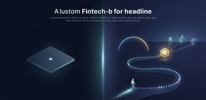 A dark blue fintech-themed promotional graphic with the headline 'A lustom Fintech-b for headline' featuring abstract 3D elements, a platform, and a figure walking on a glowing path.
