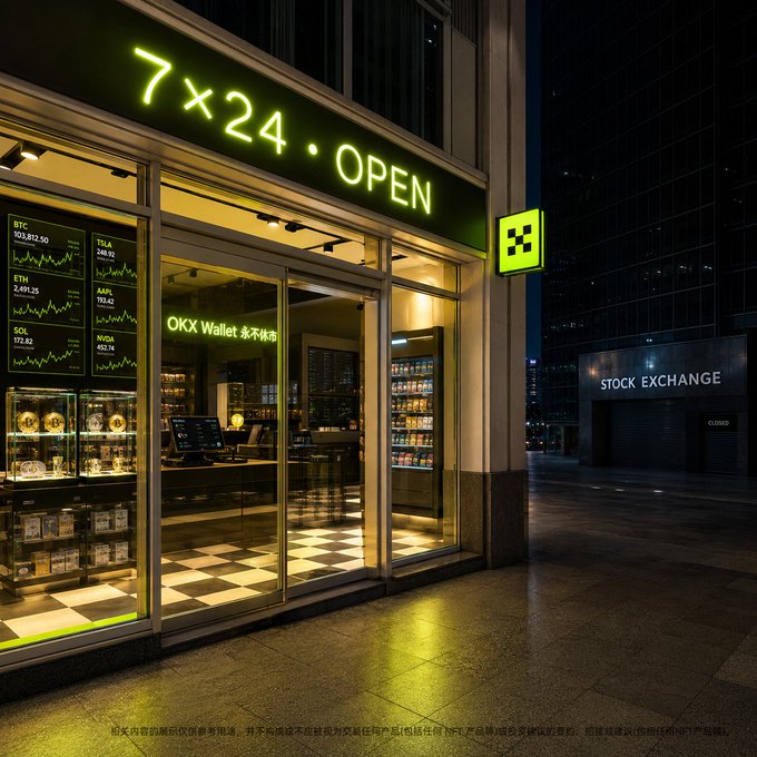 This image depicts a brightly lit "7x24 OPEN" storefront for "OKX Wallet," featuring stock tickers on a digital display, implying it's always operational, unlike the dark "STOCK EXCHANGE" building.