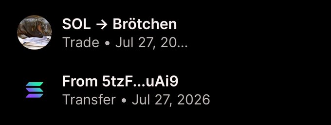 A screenshot shows a "SOL → Brötchen" trade dated Jul 27, 20..., followed by a transfer notification "From 5tzF...uAi9 • Transfer • Jul 27, 2026," alongside the accompanying post confirming the user's recent purchase of the #brötchen token to support the Turkish CT community.