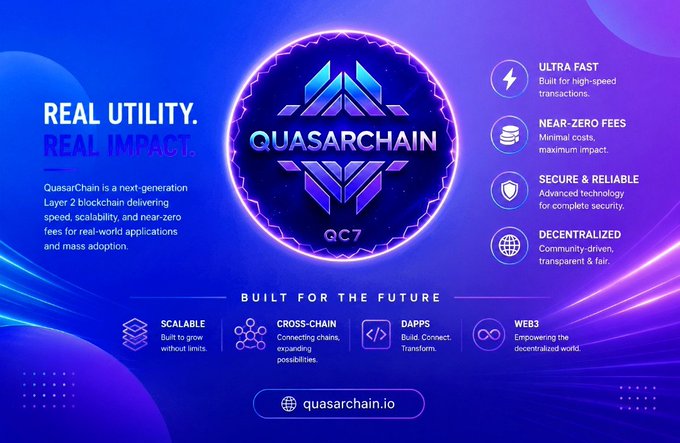 A promotional banner for 'QUASARCHAIN' (QC7), a next-generation Layer 2 blockchain emphasizing 'REAL UTILITY. REAL IMPACT.' with features including ultra-fast transactions, near-zero fees, secure & reliable technology, decentralized network, scalability, cross-chain functionality, DApps, and Web3, linking to quasarchain.io.