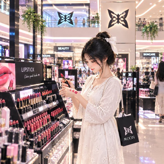 A woman in a white dress examines lipstick in a brightly lit cosmetics store, surrounded by displays marked “LIPSTICK,” “BEAUTY,” and “SKINCARE,” with butterfly-logo “MOON” shopping bags visible.