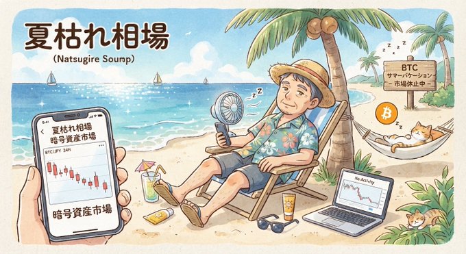 An illustration titled '夏枯れ相場 (Natsugire Soun)' depicting a man relaxing on a beach chair while holding a fan, surrounded by signs referencing BTC summer stagnation and a smartphone showing a bearish market chart.