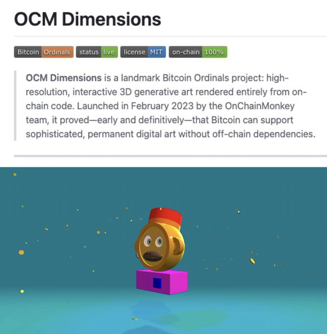 The image shows an advertisement for Bitcoin, with a cartoon gold monkey sitting atop a pink box labeled "OCM Dimensions" against a blue background. The text above the image reads "OCM Dimensions", which suggests that this is a promotional piece related to Bitcoin or cryptocurrency. The cartoon monkey and the pink box are both in 3D, adding an interesting visual element to the advertisement.