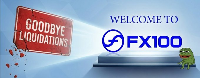 The image is a promotional banner showing a cracked red sign reading "GOODBYE LIQUIDATIONS" alongside a "WELCOME TO FX100" logo with a cartoon frog, humorously promoting FX100 as a trading platform free from forced liquidations.

This ties into the post's point about perpetual contracts liquidating users to protect the system, suggesting FX100 offers an alternative that eliminates the risk of being wiped out by forced liquidations.