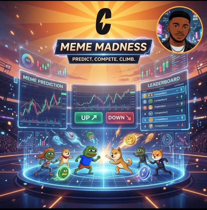A vibrant promotional graphic for "MEME MADNESS" featuring the tagline "Predict. Compete. Climb." with holographic interfaces displaying a "MEME PREDICTION" chart with UP/DOWN buttons, a "LEADERBOARD" ranked 1-6 with competitor entries, various meme coin characters (Dogecoin-style Shiba Inu and Pepe the Frog) battling on a neon arena, and an avatar of a man in the top right corner, visually representing Cade Market's meme-based prediction competition platform.