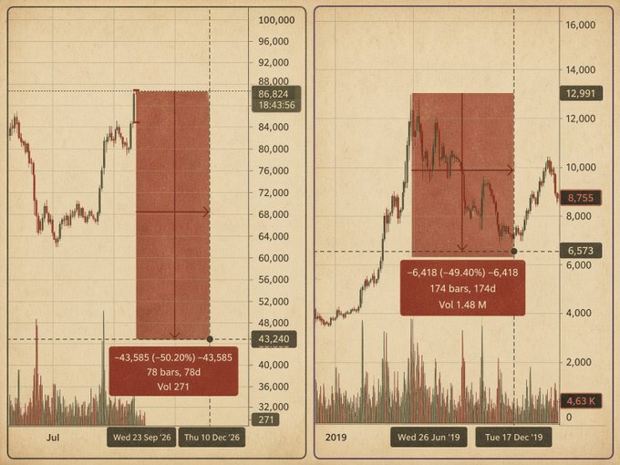 Two side-by-side financial charts compare market drawdowns, with the left chart showing a -50.20% drop over 78 days (78 bars) with a volume of 271, and the right chart showing a -49.40% drop over 174 days (174 bars) with a volume of 1.48M.