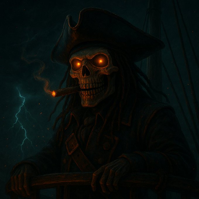 A dark fantasy digital illustration of an undead pirate captain with a skeletal face, glowing orange eyes and cigar, dreadlocks, and a tricorn hat, set against a stormy sea with lightning.