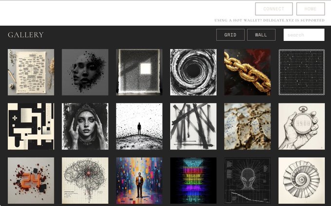 A screenshot of a 'GALLERY' webpage displaying a grid of various artistic images, with navigation links 'CONNECT' and 'HOME' and the text 'USING A HOT WALLET? DELEGATE.XYZ IS SUPPORTED' in the header.