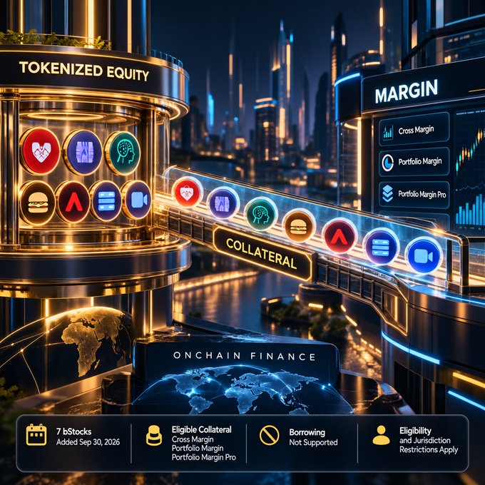 A digital illustration depicting 'TOKENIZED EQUITY' and 'ONCHAIN FINANCE' featuring a cylindrical structure of icons labeled 'COLLATERAL' flowing toward 'MARGIN' options like Cross Margin and Portfolio Margin.