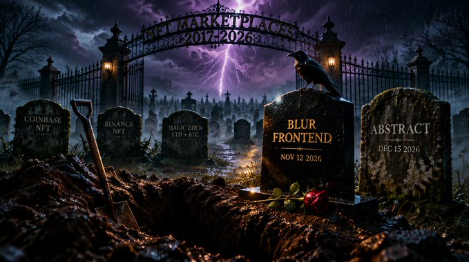 A dark, gothic graveyard scene with an iron gate reading 'NFT MARKETPLACES 2017-2026', featuring tombstones labeled 'COINBASE NFT', 'BINANCE NFT', 'MAGIC EDEN ETH + BTC', 'BLUR FRONTEND NOV 12 2026', and 'ABSTRACT DEC 15 2026'.