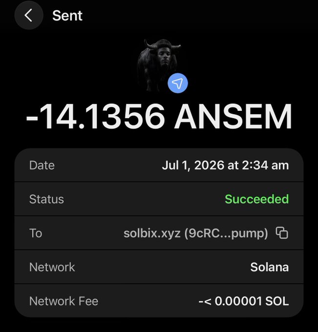 A dark-themed mobile transaction confirmation screen showing a sent transaction of '-14.1356 ANSEM' on the Solana network to solbix.xyz, marked as Succeeded on Jul 1, 2026.
