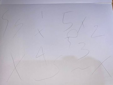 A child's scribbled handwriting on white paper with numbers (5, 1, 4, 2, 3) and the letter X scattered across the page.
