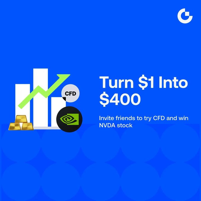 A promotional banner with a blue background features white bar graphs, a green upward arrow, gold bars, an NVIDIA logo, and a CFD label, advertising "Turn $1 Into $400" through a referral program offering NVDA stock rewards for inviting friends to trade CFDs.