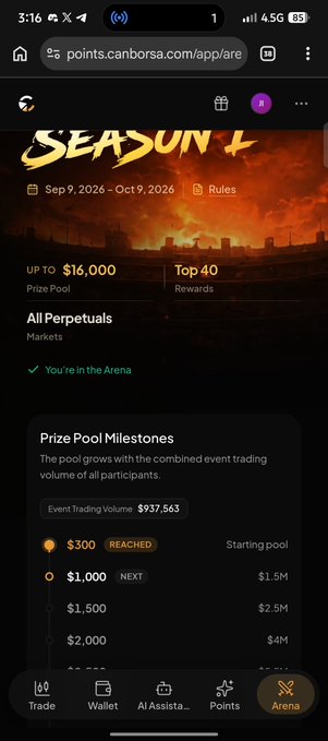 A screenshot of the Canborsa platform showing "Season 4" event details with dates "Sep 9, 2026 - Oct 9, 2026," an "Up to $16,000" prize pool, and the user confirmed "You're in the Arena" with a current Event Trading Volume of $937,563, matching the promotional post inviting users to join at points.canborsa.com/r/BSCTQF4X.