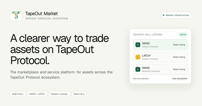 TapeOut Market landing page showcasing its marketplace and service platform for trading assets across the TapeOut Protocol ecosystem, highlighting features like BNB Chain, NAND/LATCH Seaport Listings, and Batch Buy with a "Seaport Sell Listings" panel displaying active NAND and LATCH listings. The image aligns with the post's excitement about experienced third-party developers (notably the former Ethereum Inscriptions team) joining TapeOut's growing developer ecosystem to expand its marketplace capabilities.