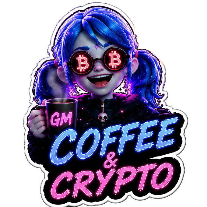 A sticker design featuring a blue-haired character wearing Bitcoin-logo sunglasses and holding a "GM" mug, with the text "COFFEE & CRYPTO" below.
