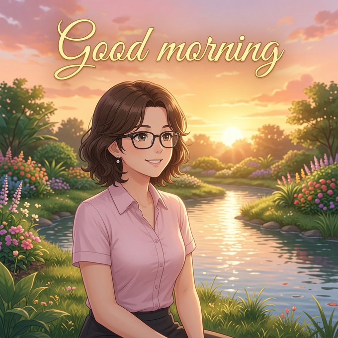 An anime-style illustration of a smiling woman with short brown hair and glasses in a pink shirt, set against a sunset river landscape with the text 'Good morning' displayed prominently.