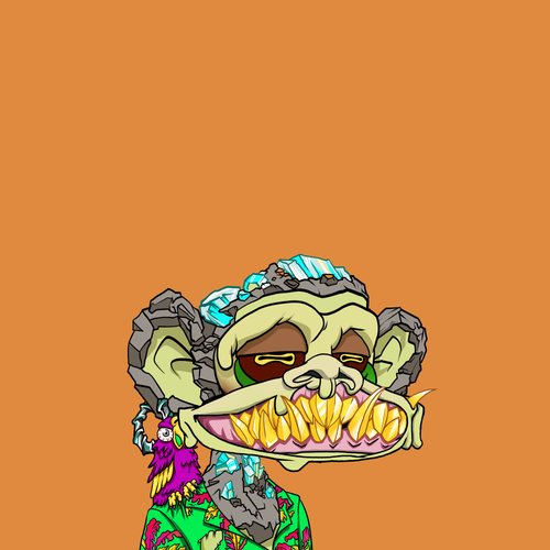 A digital illustration features a grotesque monkey-like character with sharp, yellow teeth, wearing a colorful patterned outfit and a small purple bird perched on its shoulder, set against a solid orange background.