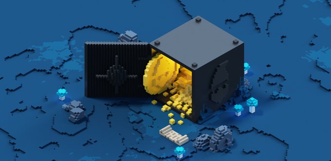 An isometric pixel art scene featuring an open black safe overflowing with glowing gold coins and bars, surrounded by scattered gold pieces and small blue-lit treasures on a dark blue surface.