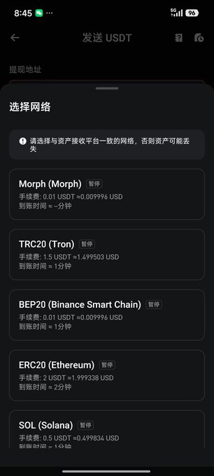 A smartphone screenshot of a cryptocurrency withdrawal interface in Chinese, showing options to select a network including Morph, TRC20 (Tron), BEP20 (Binance Smart Chain), ERC20 (Ethereum), and SOL (Solana) for sending USDT.