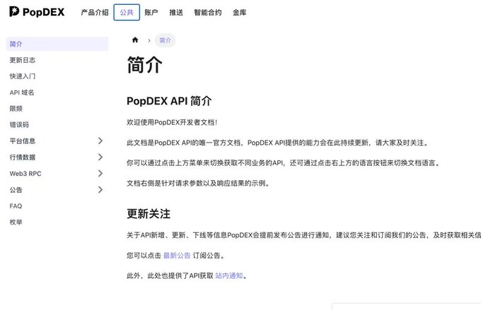 The image shows the introduction page of PopDEX's developer documentation, featuring the "PopDEX API 简介" heading and welcoming developers to use the PopDEX developer documentation. The page includes a sidebar navigation with sections like "更新日志," "快速入门," "API 域名," "限频," "错误码," "平台信息," "行情数据," "Web3 RPC," "公告," "FAQ," and "枚举," along with a "更新关注" section detailing API-related update notifications.

This image relates to the post as it showcases the PopDEX API interface that the user has just discovered and plans to integrate into their grid system over the next two days.