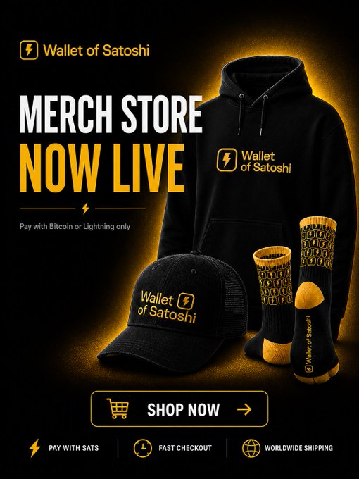 The image features an advertisement for a merchandise store called Wallet of Satoshi Merch Store. The store offers hoodies, tees, trucker hats, HODL socks, and more - all branded with Bitcoin logos. The text on the image reads "Merch Store now live", indicating that the store is currently open for business. The post also mentions that the merchandise can be paid for only with Bitcoin via Lightning, which suggests a digital payment system. Additionally, there are two arrows pointing to the bottom of the image, possibly indicating the direction of the shop's website or social media handles.