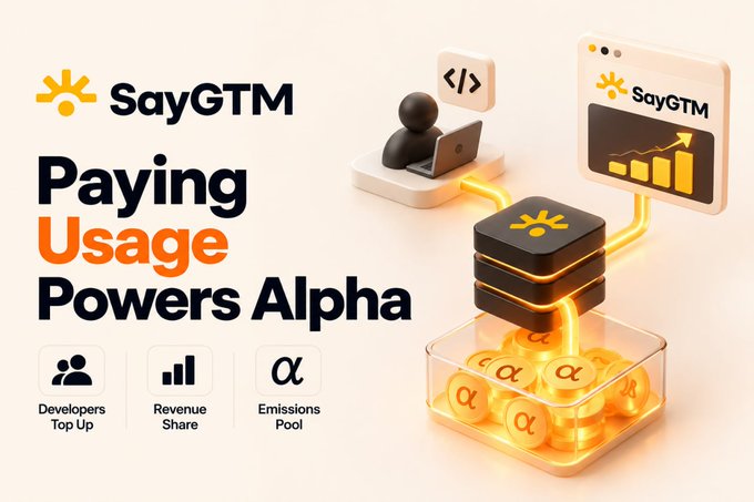 Promotional graphic for 'SayGTM' with the text 'Paying Usage Powers Alpha', featuring 3D icons of a developer, a bar chart, and a container of coins with the alpha (α) symbol.