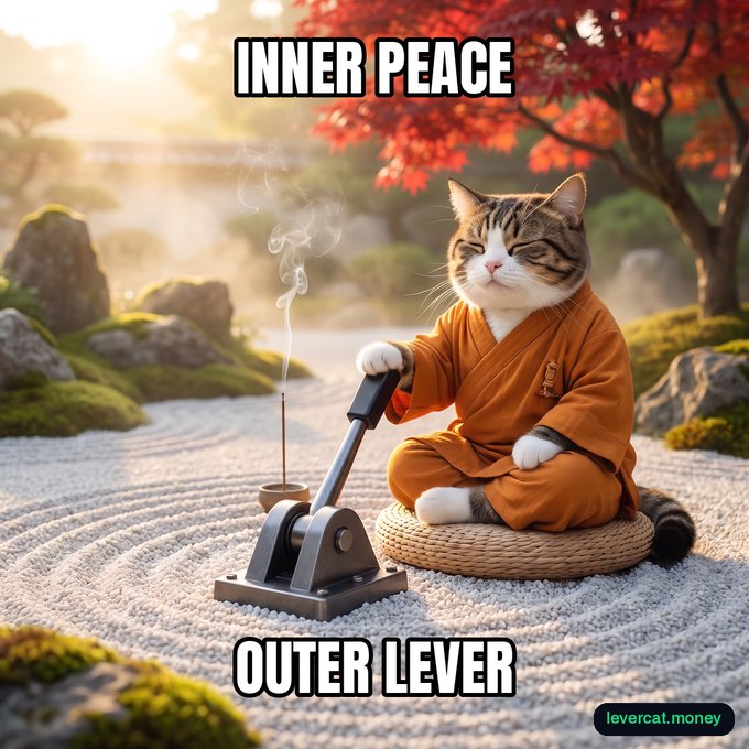 A meme image of a cat dressed as a Buddhist monk sitting in a zen garden with an incense holder, captioned 'INNER PEACE' at the top and 'OUTER LEVER' at the bottom, with a 'levercat.money' watermark.