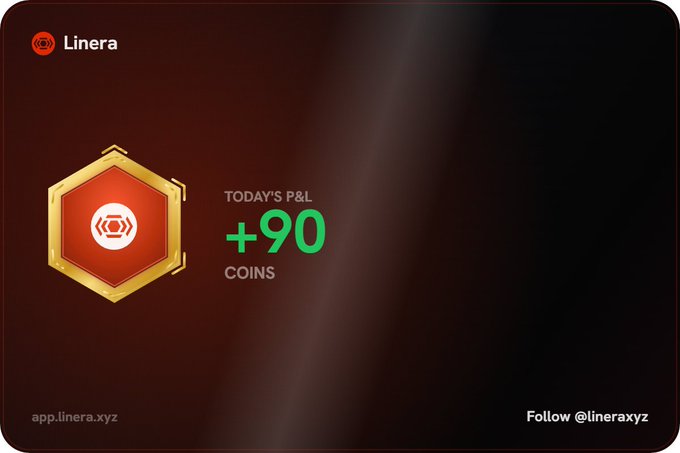 Linera promotional card displaying a gold hexagonal badge with today's P&L showing +90 coins in green text, branded with the Linera logo and app.linera.xyz.