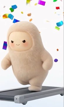 A fluffy, cream-colored bean-shaped mascot with a smiling face runs on a treadmill surrounded by colorful confetti, evoking a celebratory moment as fans speculate whether Meta drew inspiration from the popular "Beanz" NFT collection for its new mascot character.