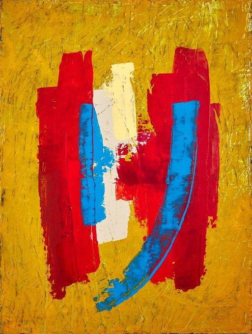 An abstract painting features thick brushstrokes of red, blue, and white paint applied over a textured yellow background.