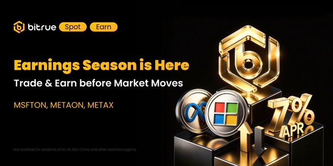 A Bitrue promotional banner featuring "Earnings Season is Here — Trade & Earn before Market Moves" alongside golden 3D renderings of Microsoft and Meta logos and a "7% APR" graphic, highlighting the MSFTON, METAON, and METAX tokens for trading and staking to capitalize on upcoming tech earnings announcements.