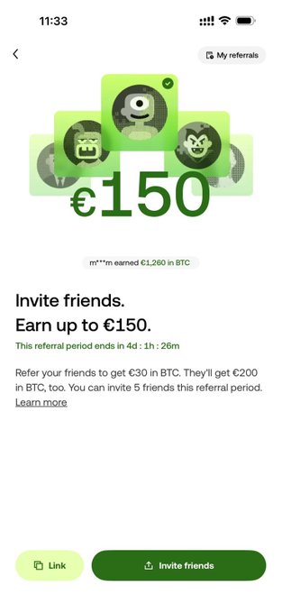 A mobile screenshot from OKX showing a referral program offering up to €150 (earned €1,260 in BTC example) for inviting friends, with 5 friend invites providing €30 each and 4 days left in the period—promoting the exchange's generous sign-up bonuses tied to the MiCA compliance deadline.
