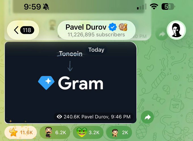 !"ton_rebranding to be $GRAM @durov @ton_blockchain", where "ton_rebranding" means "tonement rebranded to be $GRAM @durov" which translates into "GRAM @durov". The image is about an updated post on a social media platform.
