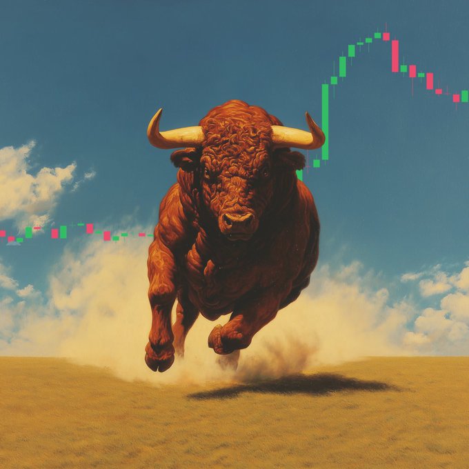 A powerful brown bull charges across a sunlit grassy plain beneath a blue sky, with a green and red stock chart arcing above it—visually capturing the post's bullish energy as the rising candlesticks mirror the bull's powerful forward momentum.