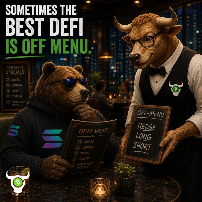 A promotional graphic featuring a bear wearing sunglasses and a bull dressed as a waiter at a restaurant, with the text "SOMETIMES THE BEST DEFI IS OFF MENU." The bear holds a "DeFi Menu" listing Swaps, Lending, Perps, Staking, and Prediction Markets, while the bull presents an "Off-Menu" chalkboard with "Hedge, Long, Short."