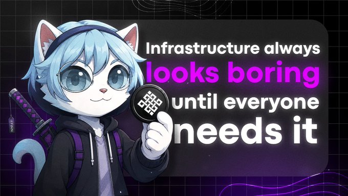 An anime-style cat-eared character with blue hair holds a token bearing a geometric logo, set against a dark grid background with bold text reading "Infrastructure always looks boring until everyone needs it." The image visually reinforces the post's message by emphasizing how Ritual's foundational infrastructure work is undervalued until demand for it emerges, using the character's confident pose to suggest quiet conviction in overlooked but essential technology.