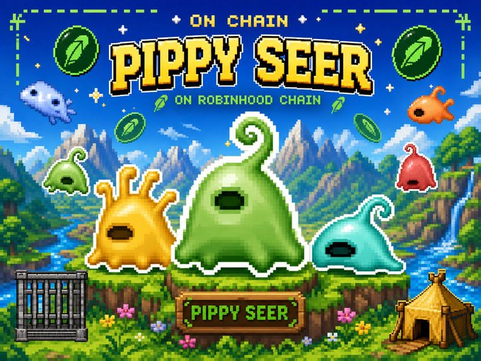 A pixel-art style promotional graphic for 'PIPPY SEER ON CHAIN ON ROBINHOOD CHAIN' featuring colorful blob-like characters on a platform with mountains and coins in the background.