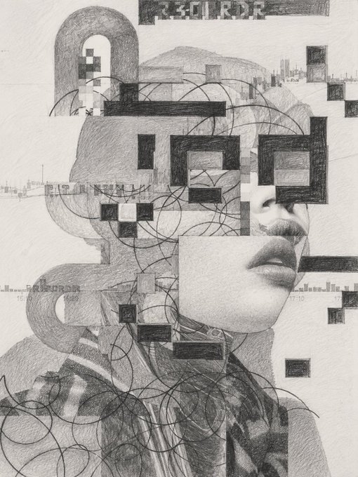 A surreal black-and-white pencil drawing collage featuring a woman's lips, geometric pixelated blocks, circular line patterns, and small cityscape images along the edges.