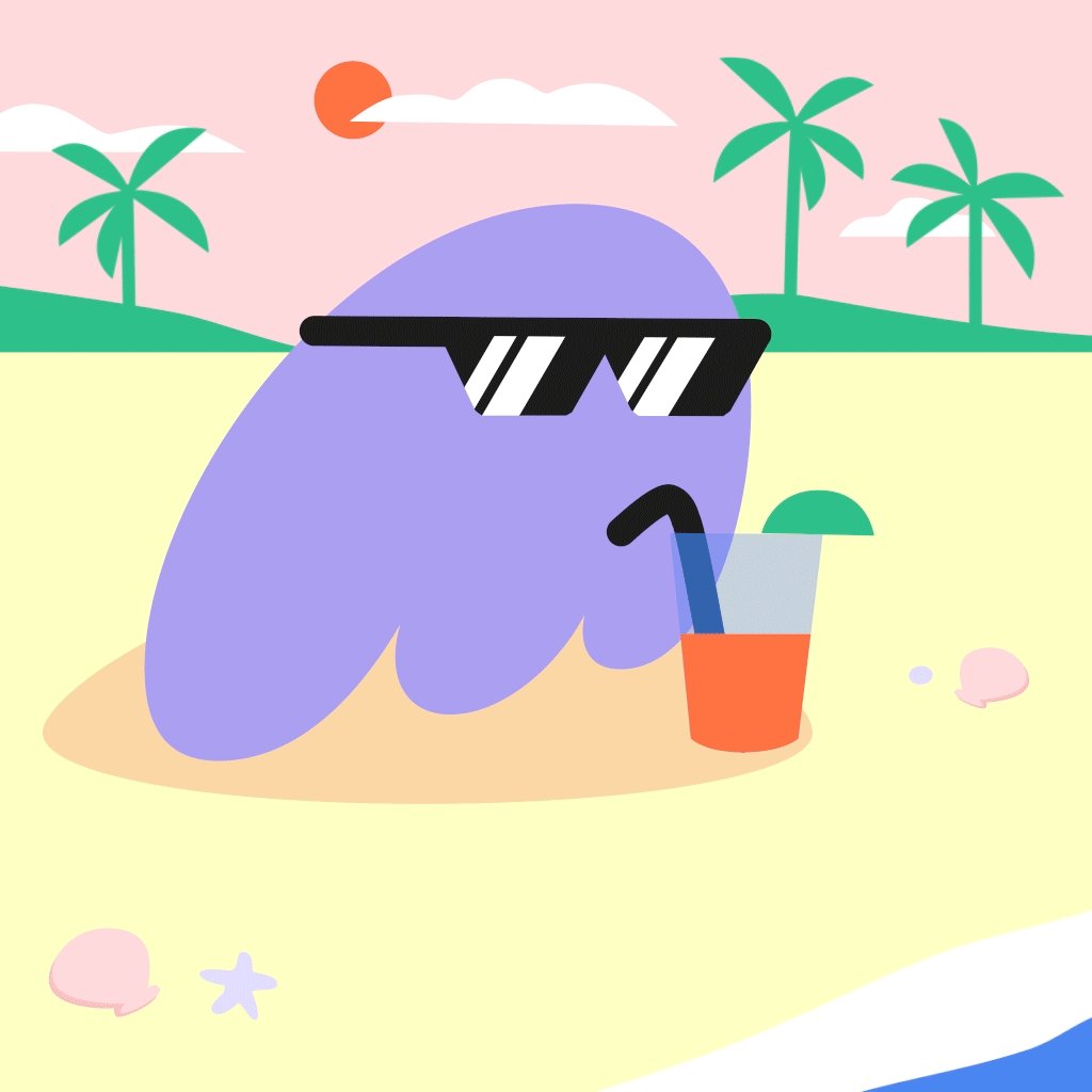 The image features a cartoon character, likely a purple blob or monster, sitting on a beach with sunglasses on its head and holding an orange drink in its hand. The background of the image shows palm trees and the ocean, creating a tropical atmosphere. The caption "solana summer officially starts tomorrow position accordingly" suggests that the scene is set for the start of the summer season, which would be indicated by the character's position on the beach with sunglasses and an orange drink in its hand.