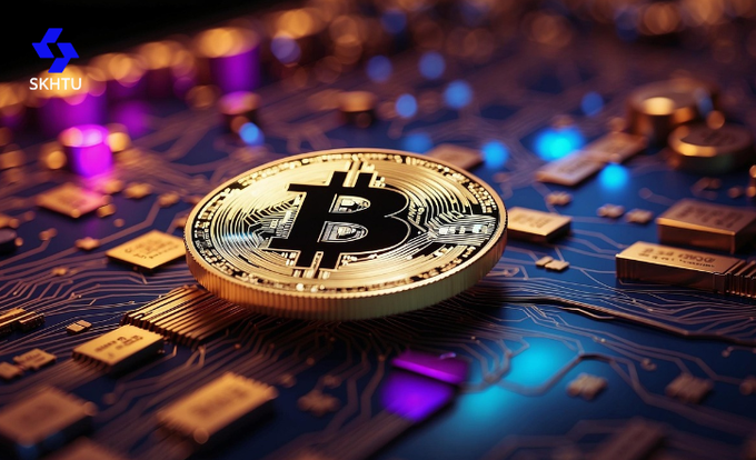 A gold Bitcoin coin rests on a glowing circuit board with blue and orange lights, alongside the "SKHTU" logo in the upper left, visually representing the on-chain data analysis of cryptocurrency cycles mentioned in the post.
