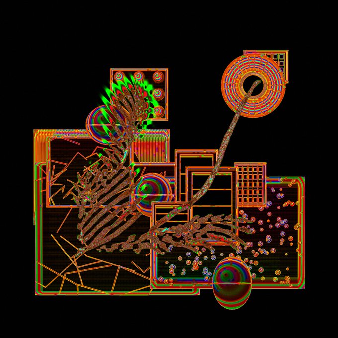 An abstract digital artwork featuring geometric shapes, circular patterns, and a feather-like design in neon orange, green, and pink hues against a black background.