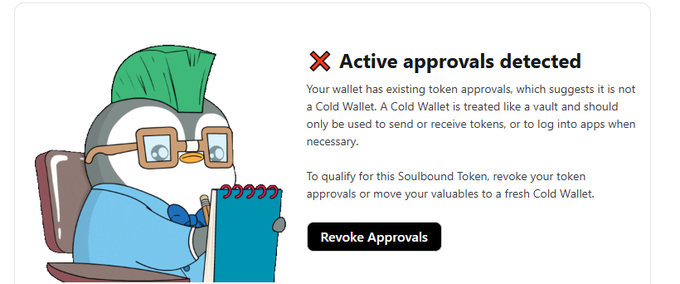 A warning interface featuring a penguin mascot in glasses with a clipboard, displaying "Active approvals detected" with a message explaining that the wallet has existing token approvals and providing a "Revoke Approvals" button.