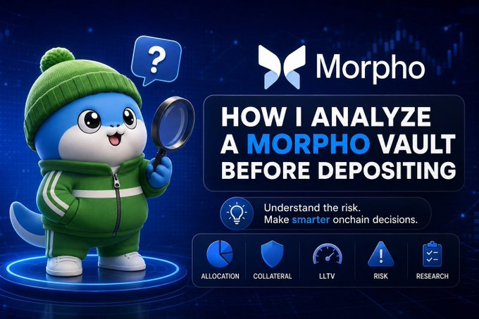 A cartoon blue dolphin mascot in a green jacket and beanie holds a magnifying glass with a question mark, alongside the Morpho logo and text reading "HOW I ANALYZE A MORPHO VAULT BEFORE DEPOSITING," with icons labeled ALLOCATION, COLLATERAL, LLTV, RISK, and RESEARCH—visually introducing the post's focus on examining a Morpho vault's underlying collateral rather than just its APY.