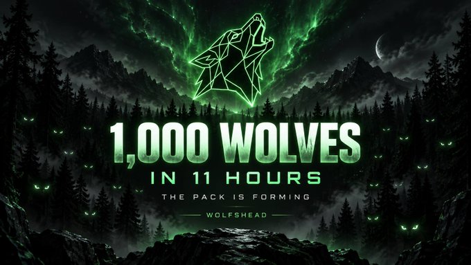 A dark, atmospheric promotional graphic for '1,000 Wolves in 11 Hours - The Pack Is Forming' by Wolfhead, featuring a geometric wolf head logo, a green aurora borealis, and glowing green eyes in a misty forest.