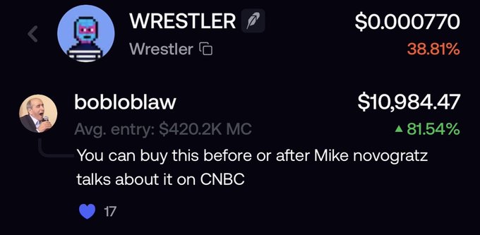 A screenshot of a cryptocurrency trading app showing a token named "WRESTLER" priced at $0.000770 (up 38.81%), and a user named "bobloblaw" with a balance of $10,984.47, accompanied by the comment: "You can buy this before or after Mike novogratz talks about it on CNBC".